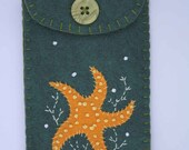 Felt phone case, gadget, i pod cover. Handmade starfish, green