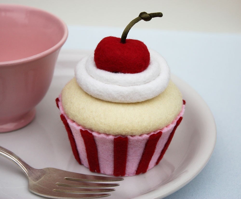 Felt Cupcake Circus Pink  Red Stripes And Cherry