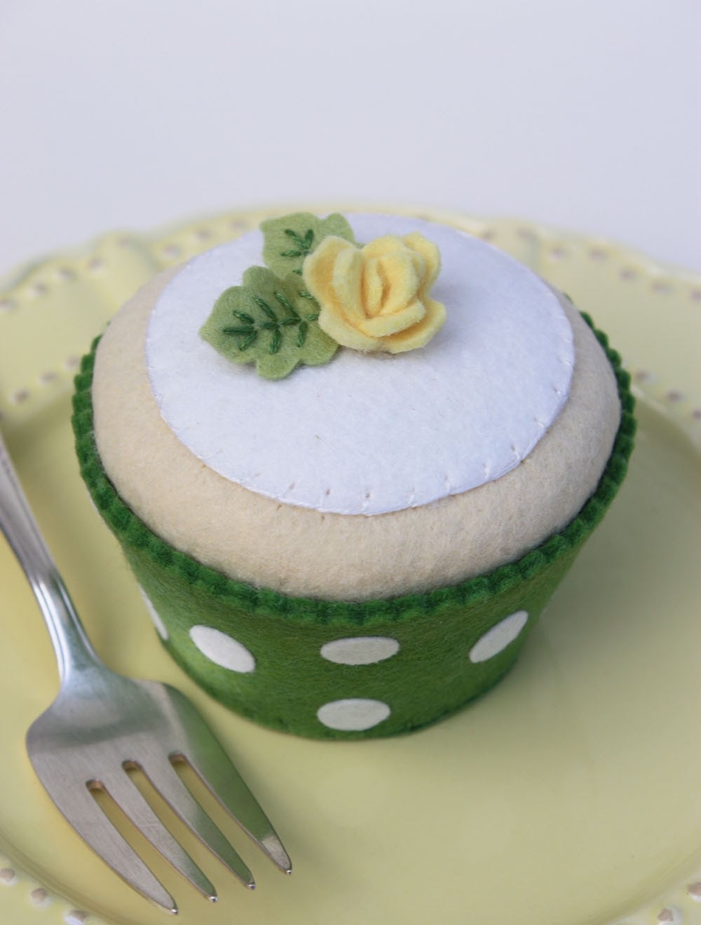 SALE Felt Cupcake Vanilla With Grass Green Polka Dot Liner