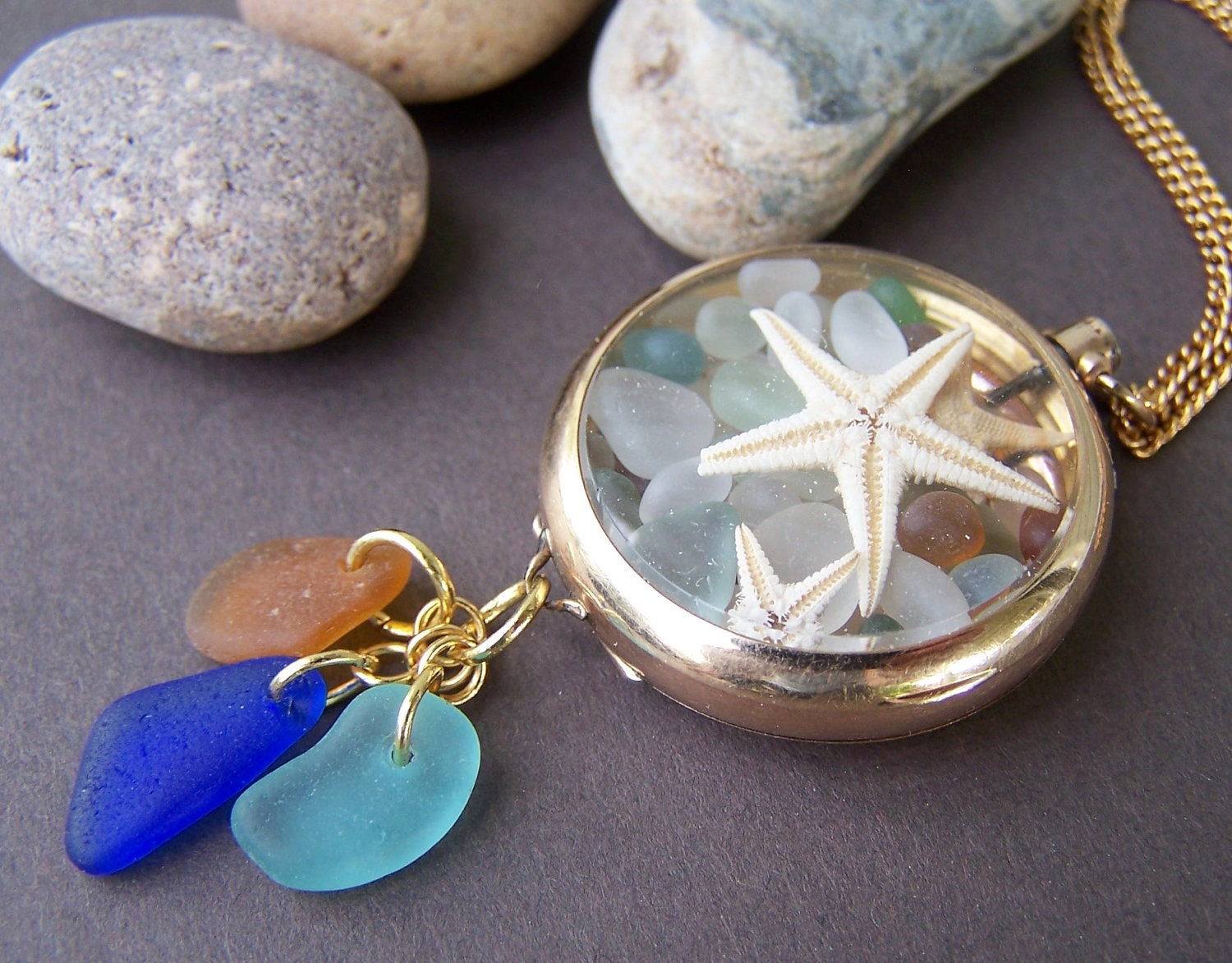 East Coast Sea Glass Treasures - Vintage Pocket Watch Case Pendant Necklace Star Fish