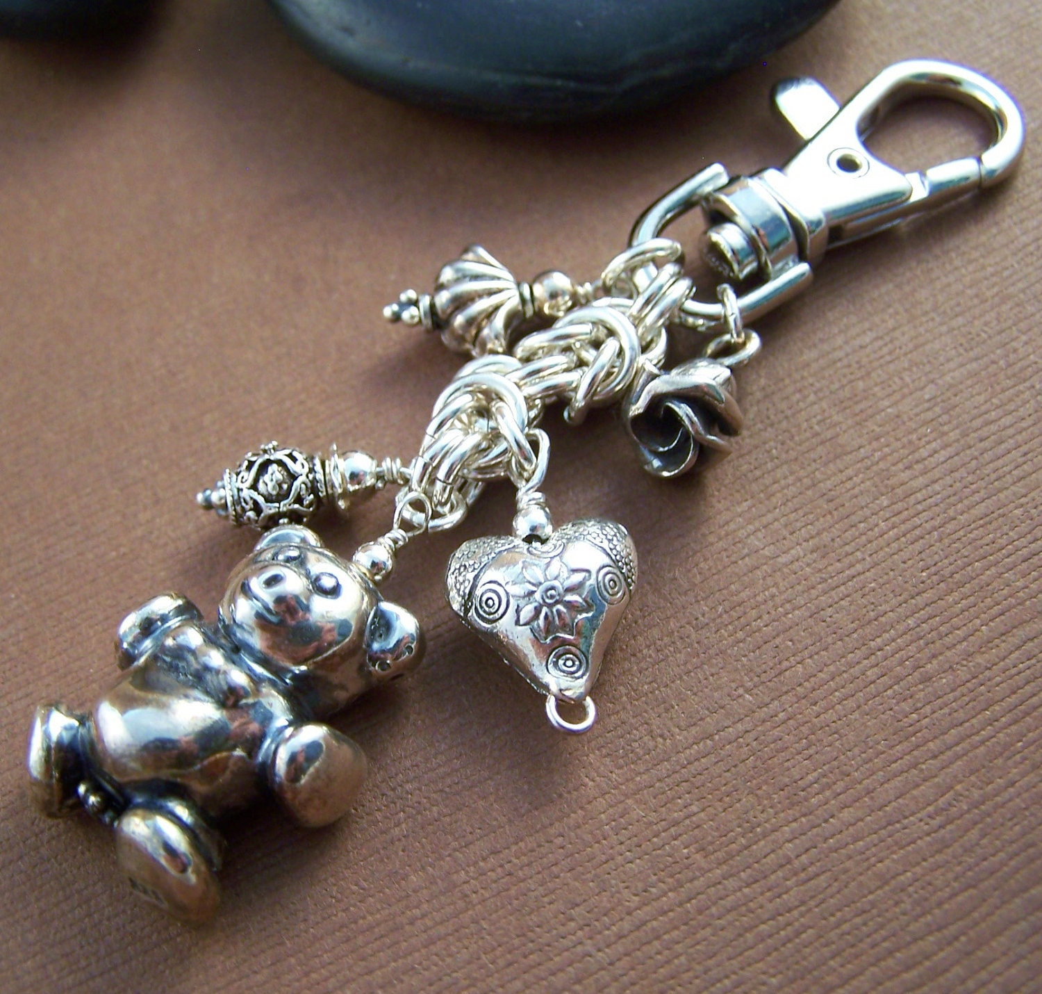 Bear Hugs Key Chain - Sterling Silver Byzantine Charm Clip Key Chain