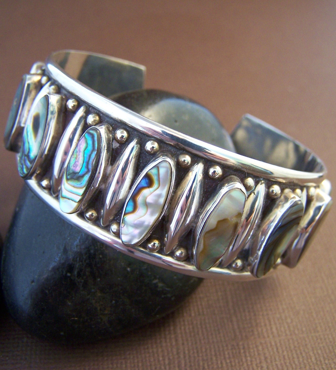 Manuela Vintage Bracelet Mexico Sterling Silver Abalone Cuff Bracelet