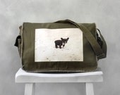 Baby French Bulldog Messenger Bag - Khaki Green - Canvas Bag