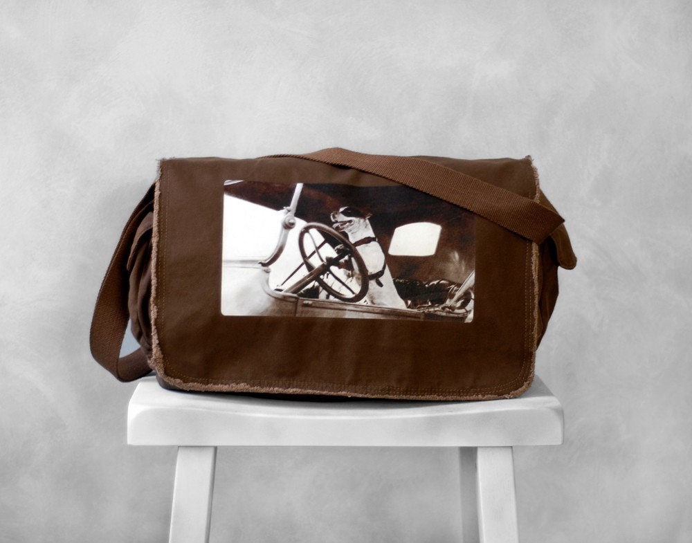 Messenger Canvas Bag - Sal the Driving Dog  - Java Brown - School Bag - Jack Russell