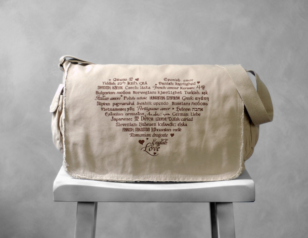 Messenger Bag - LOVE Languages - Coffee on Stone - School Bag - Canvas Bag