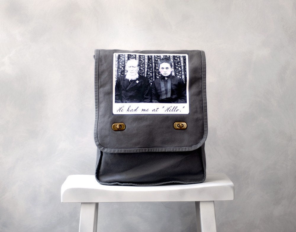 He Had Me at Hello - Vintage Photo on a Grey Cotton Canvas Field Bag