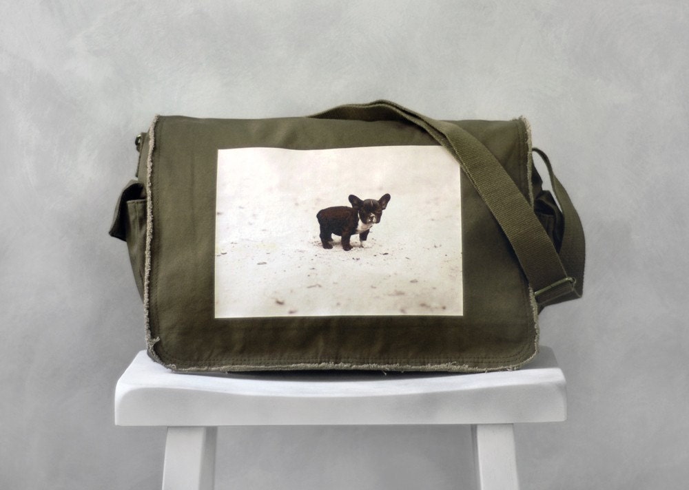 Baby French Bulldog Messenger Bag - Khaki Green - Canvas Bag