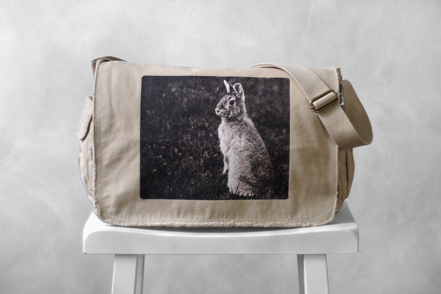 Messenger Bag - Woodland Bunny Photograph - Canvas Bag - Mademoiselle Lapina - School Bag