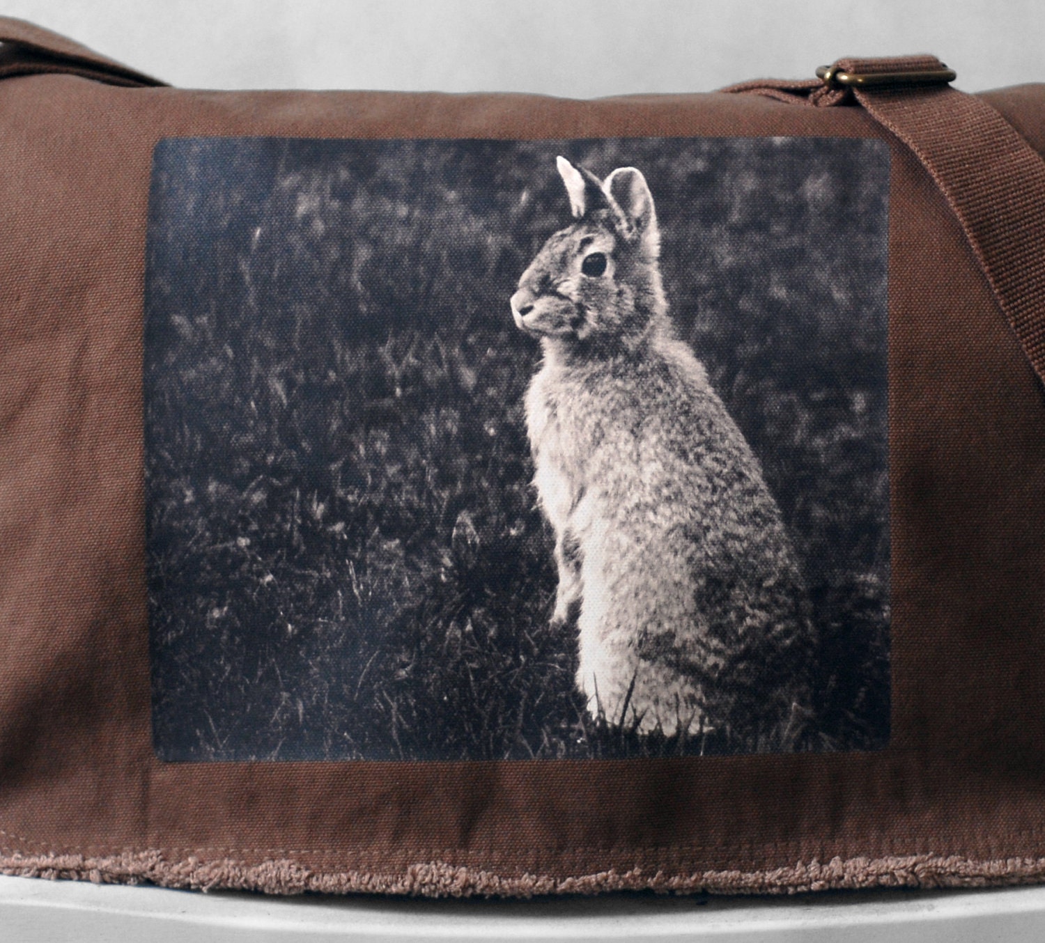 Messenger Bag - Woodland Bunny Photograph - Java Brown Canvas Bag - Mademoiselle Lapina - School Bag