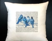 Pillow Blue Birds on Black French Script