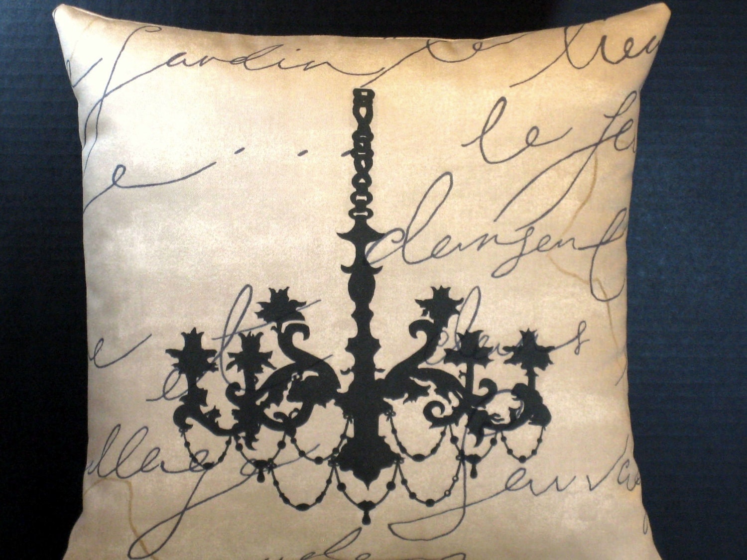 Pillow Black Chandelier on Script Waverly Parchment Fabric