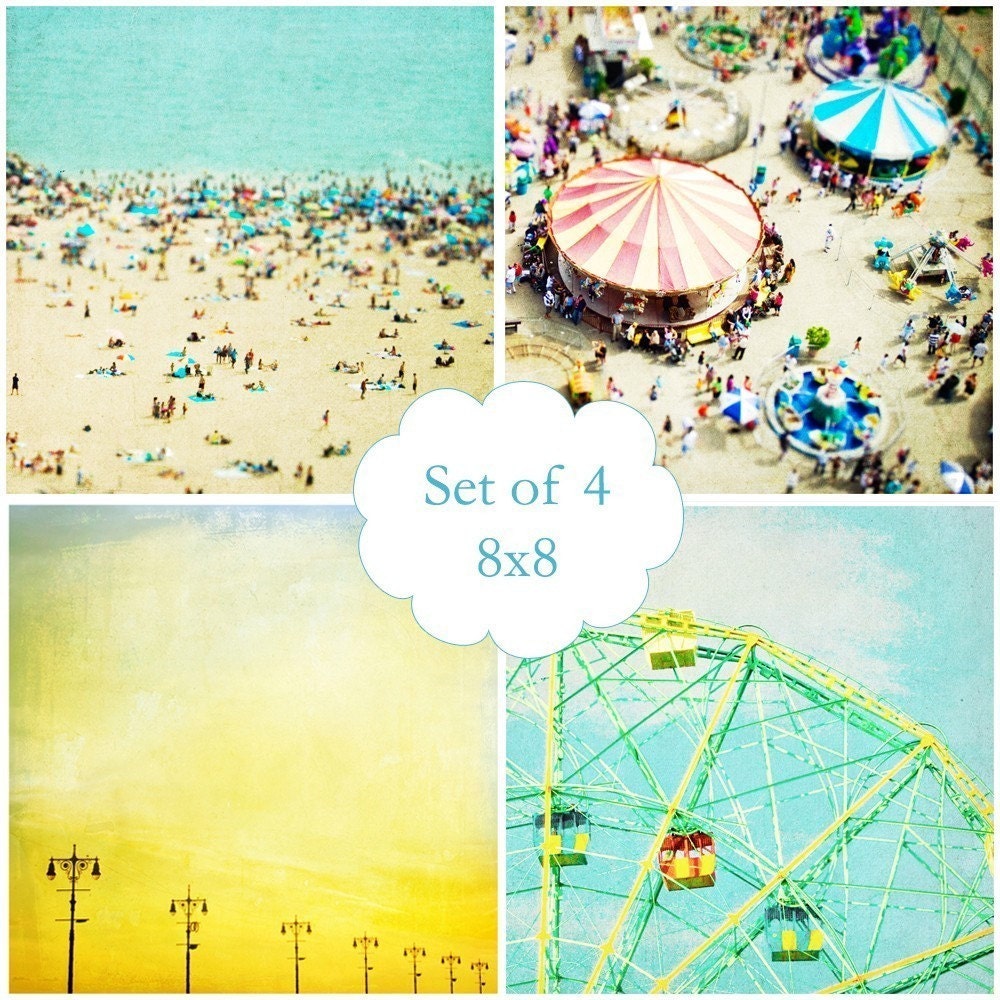 Coney Island Photography, Nursery Wall Decor, 4 Prints Set 8x8