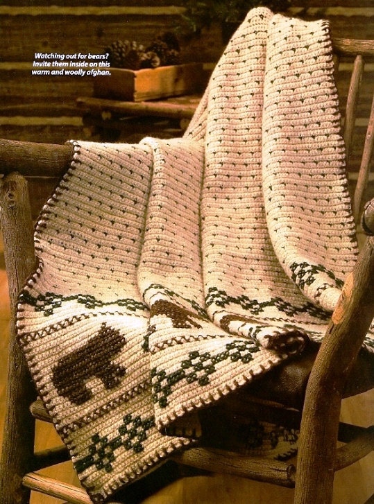 X246 Crochet PATTERN ONLY Rustic Lodge Bear Motif Afghan Pattern