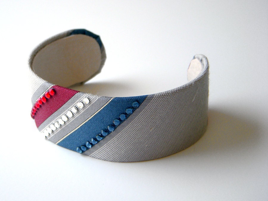 Patriotic Red White Blue Recycled Necktie 1inch Cuff Bracelet with Swarovski 4th of July