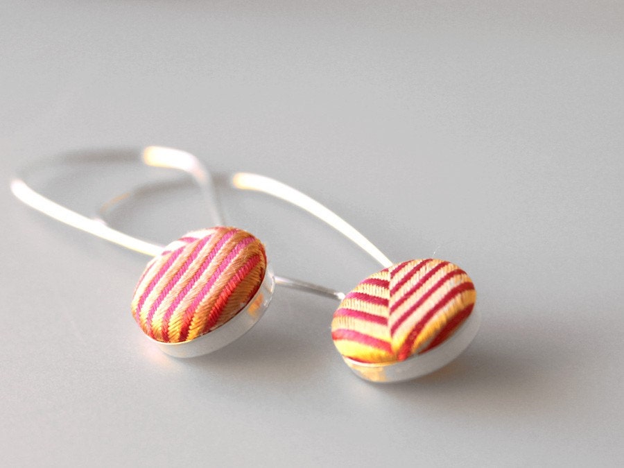 Recycled Necktie Sterling Silver Button Earrings - Coral Chevron