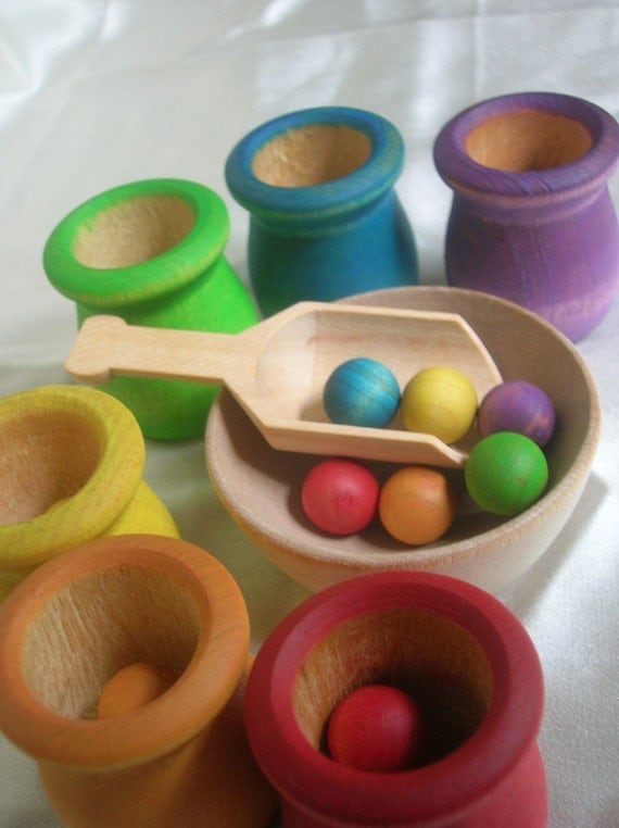 Montessori Toy Rainbow Matching and Sorting Game in a Tin Box - Wooden Ball, Scoop and Cups Play Set for Boys and Girls