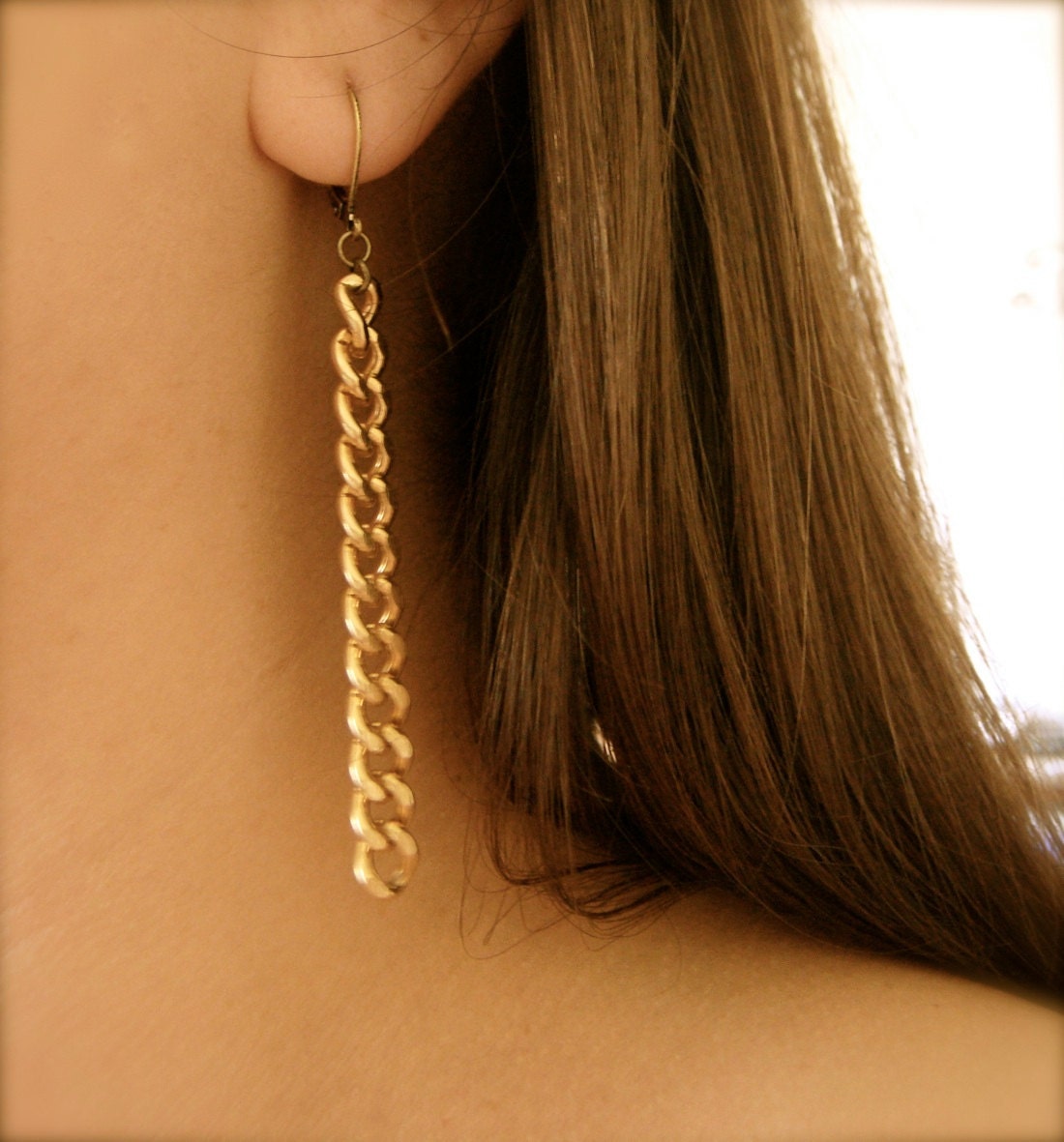 HELENA (earrings. gold. elegant. minimal. curb chain. link. dangle. long. everyday wear. simple. metal. handmade jewelry.)