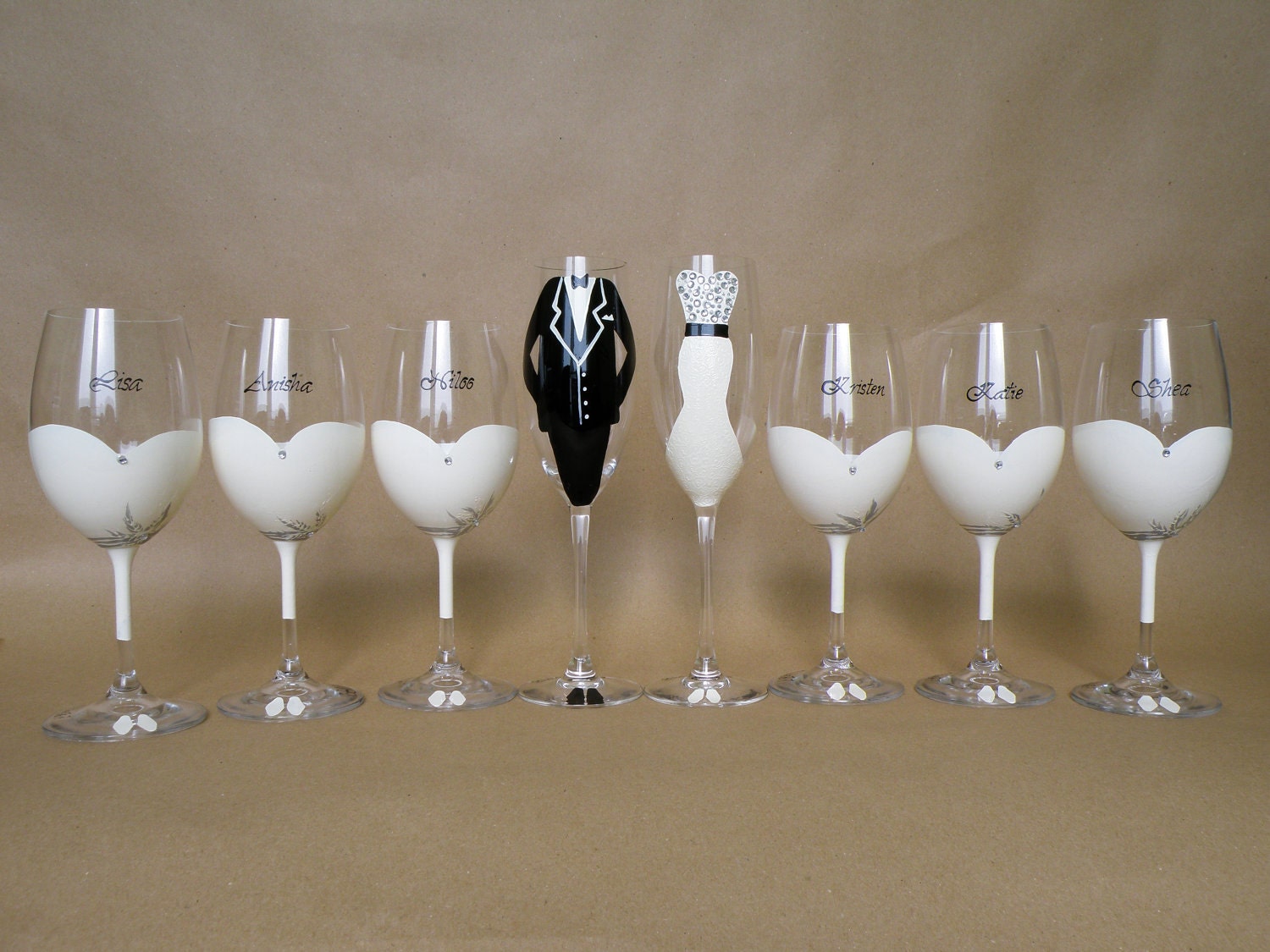 Hand painted bridal shower party glasses Wine glasses and champagne flutes suit and dresses decorated with crystals