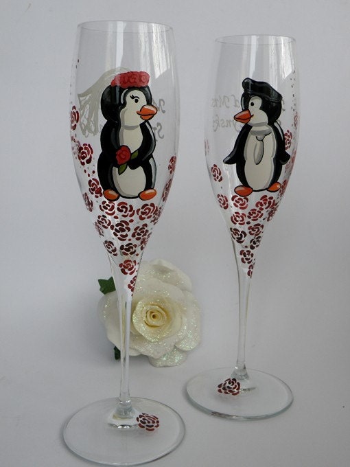 Hand painted Wedding Toasting Flutes Set of 2 Personalized Champagne glasses Penguins