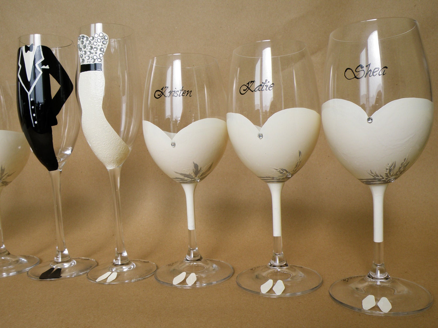 Hand painted bridal shower party glasses Wine glasses and champagne flutes suit and dresses decorated with crystals