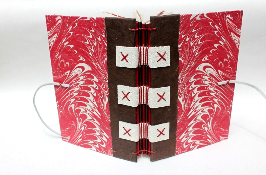 Eco-Friendly Journal or Sketchbook from Recycled Vintage Book Covers - Rebound Upcycled - Marbled Red - Handmade