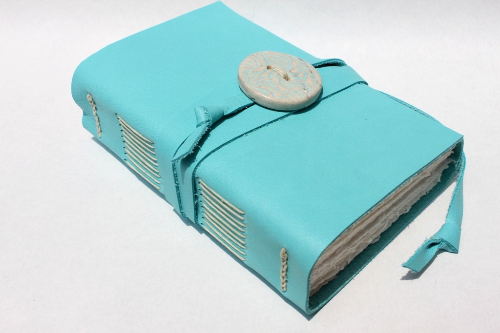 Leather Journal or Sketchbook with Handmade Porcelain Button - Ocean Blue