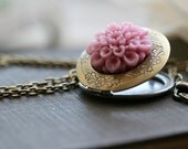 Round Locket Necklace, Pink Flower, Floral,  Vintage Inspired, Picture Locket, Long Chain, Antique Gold Locket - Blush