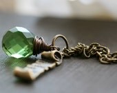 Handmade Charm Necklace, Scroll Charm, Green, Teardrop Pendant  - Wishes
