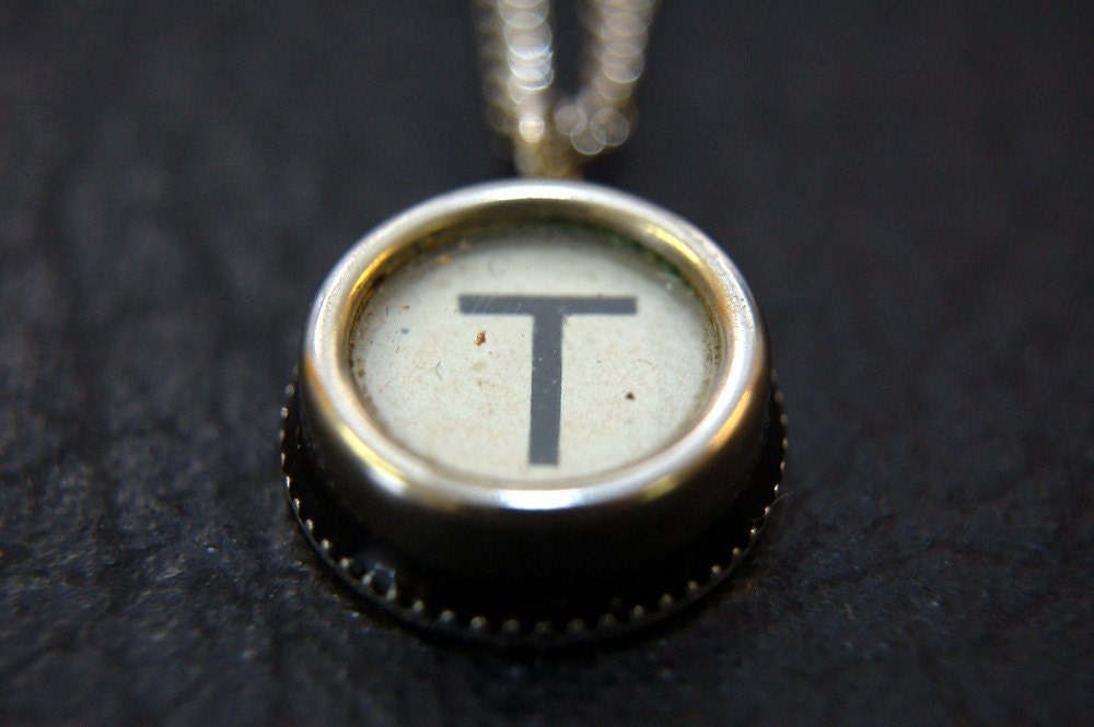Vintage Typewriter Key Pendant Necklace - White Silver Rim Glass Top - Letter T - Other Letters Available