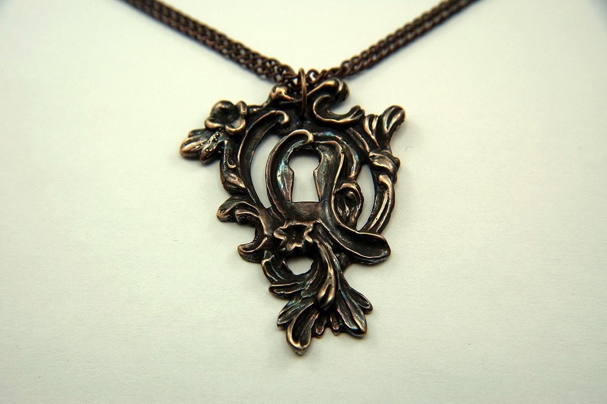 Victorian Key hole Necklace Pendant - Ornate Bronze Escutcheon Skeleton Key