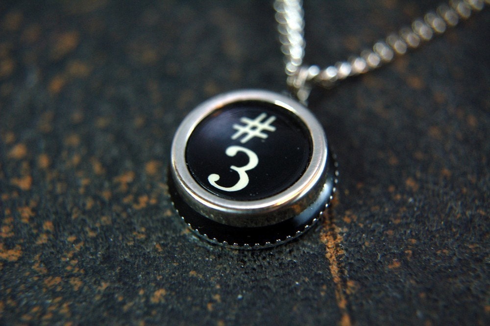 Vintage Typewriter Key Pendant Necklace Charm - Silver Rim Number 3 and Pound Symbol - Other Letter and Numbers Available GDJ
