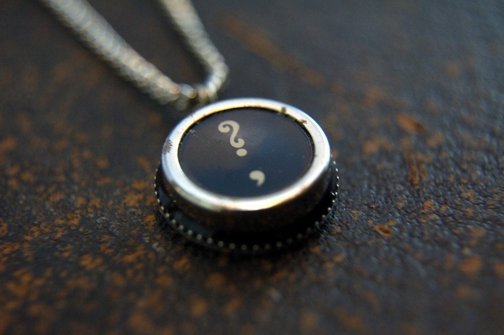 Vintage Typewriter Key Pendant Necklace - Silver Rim Question Mark and Comma - Other Letter and Numbers Available GDJ