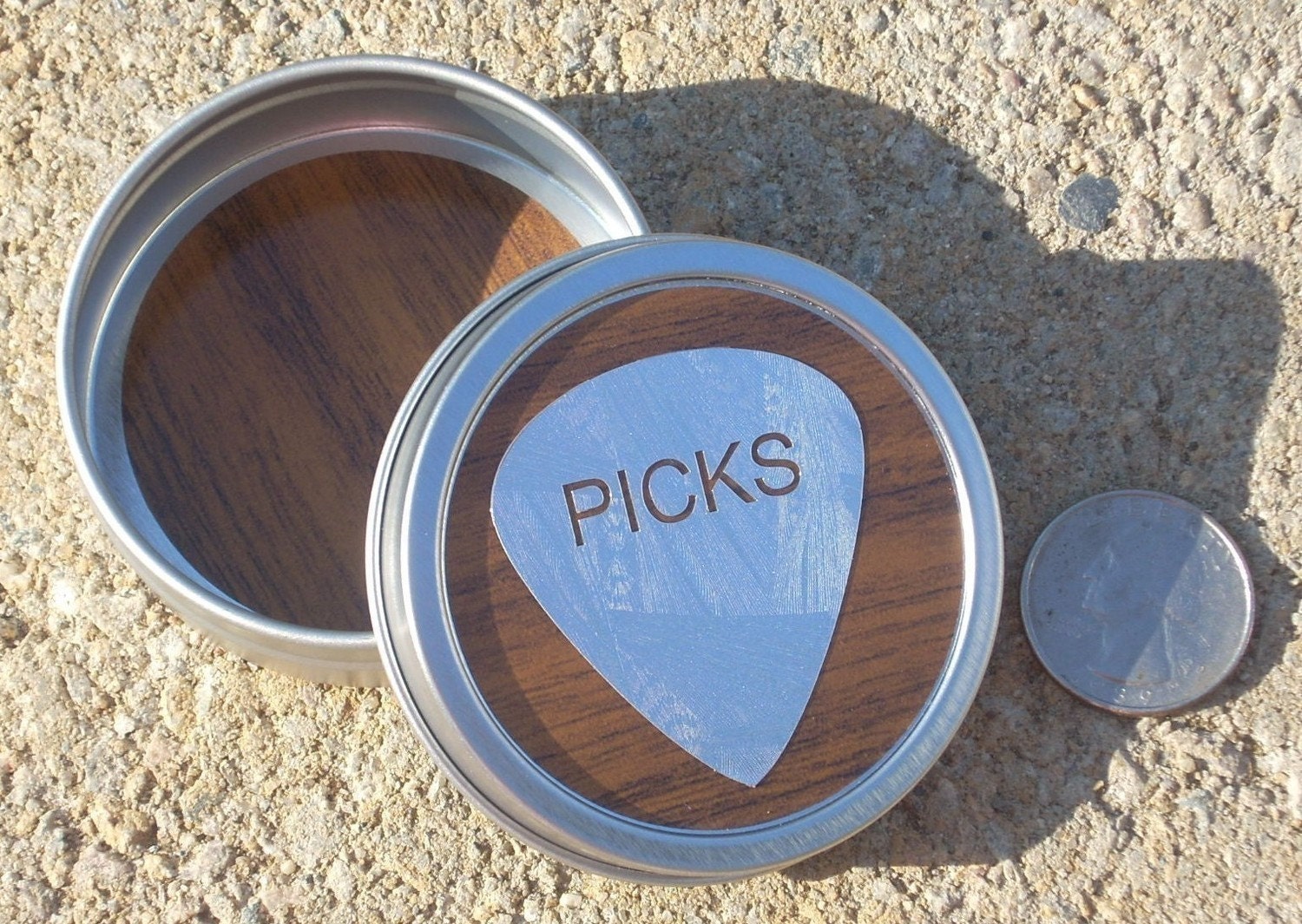 Guitar Pick Holder woodgrain and silver round metal tin Perfect gift for guitarists