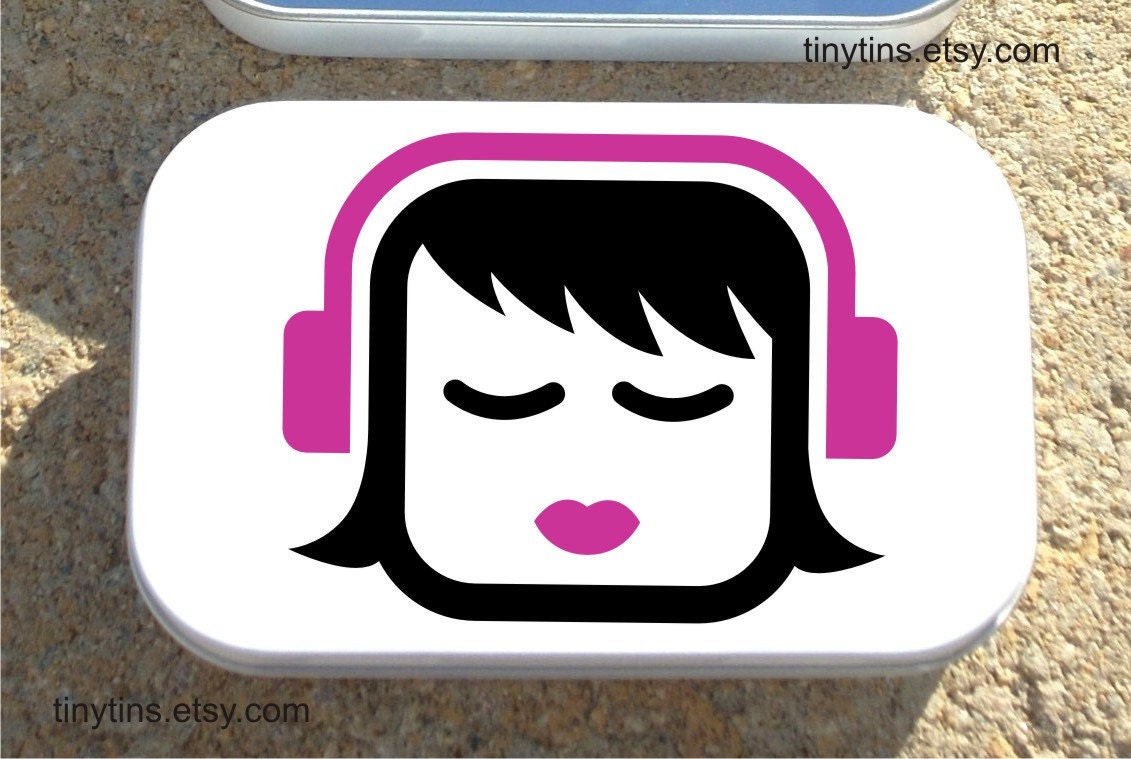 Headphone Earbud tin large white ALTOID size - girl face with PINK lips and headphones