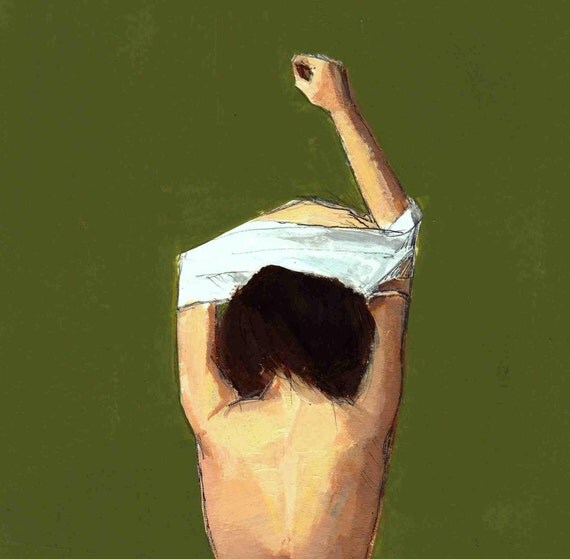 Undress . olive green giclee art print of painting