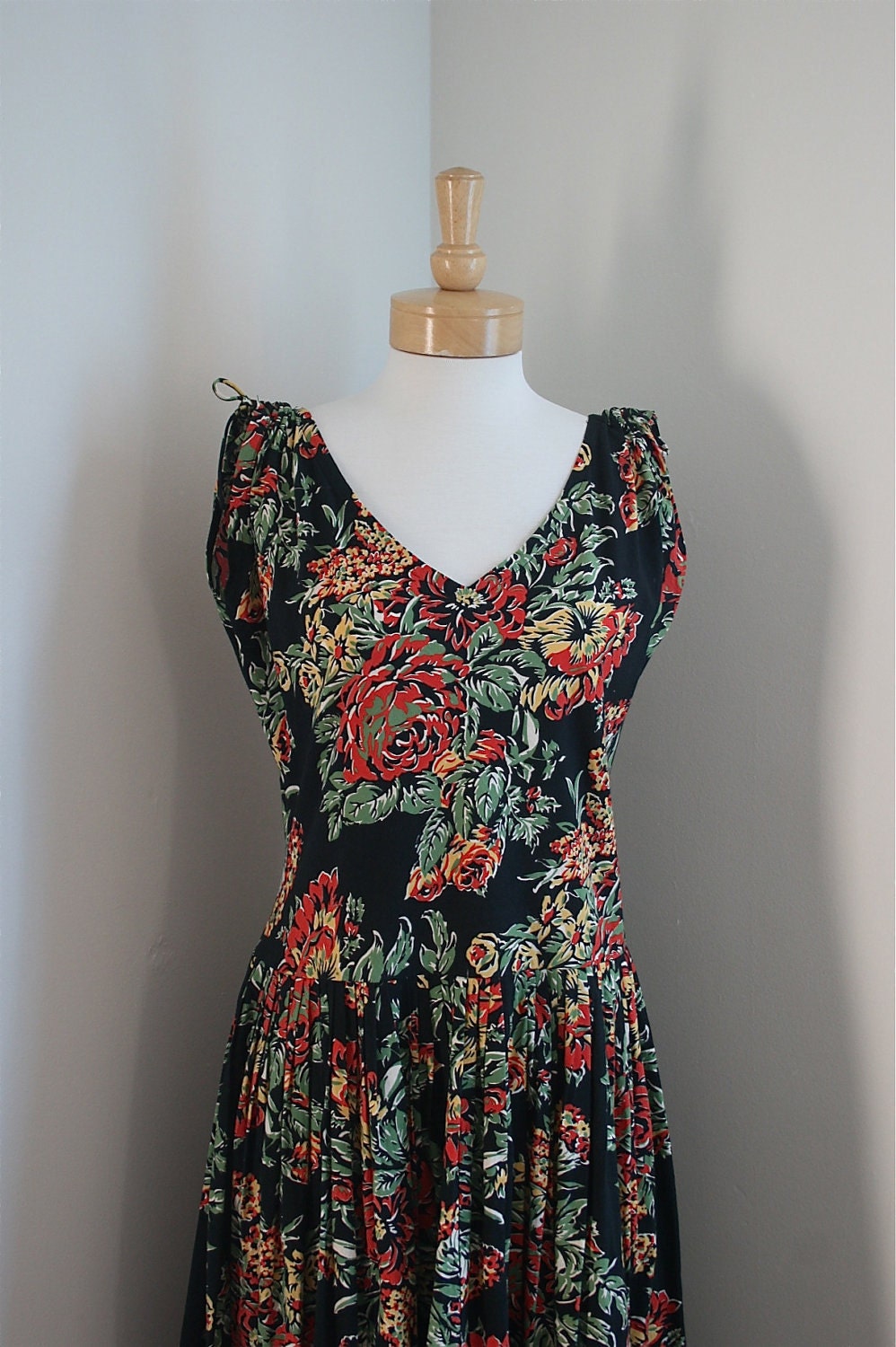 Vintage 1980s (does 50s) Norma Kamali Designer Label Black Floral Cotton Dress