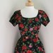 Vintage 1950s to 60s Black Satin Ikat Rose Print Cocktail Dress