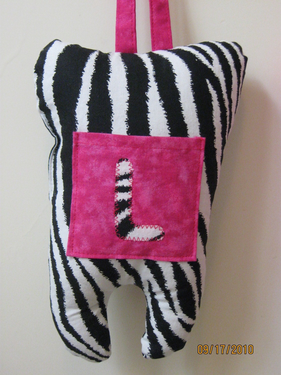 TOOTH FAIRY PILLOW in ZEBRA and HOT PINK---Personalize with 1 letter on the Pocket---Can be made in LEOPARD, COW, GIRAFFE OR ANY FABRIC OF YOUR CHOICE