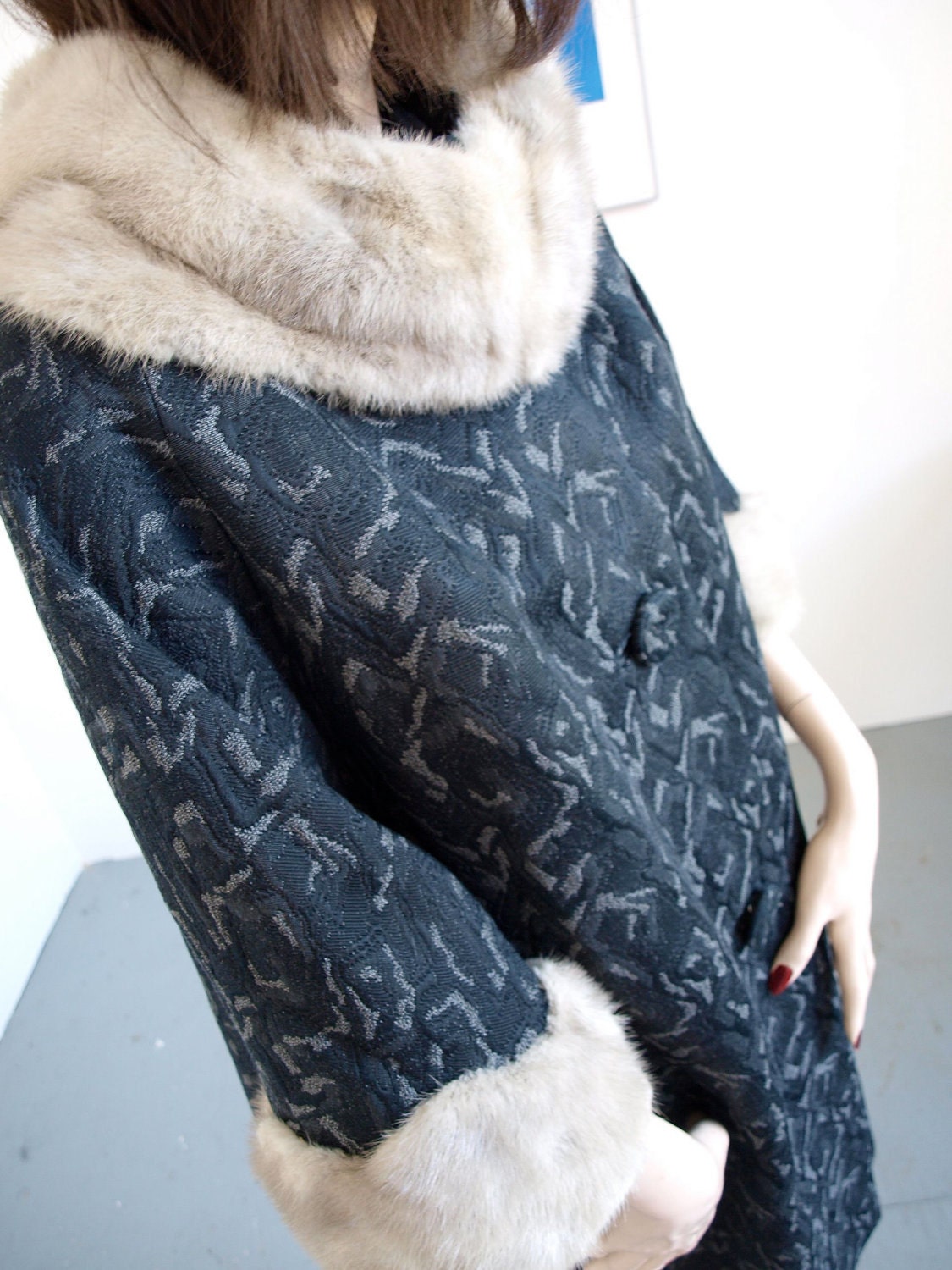 Vintage Black Brocade Coat with Mink Collar and Cuffs SALE