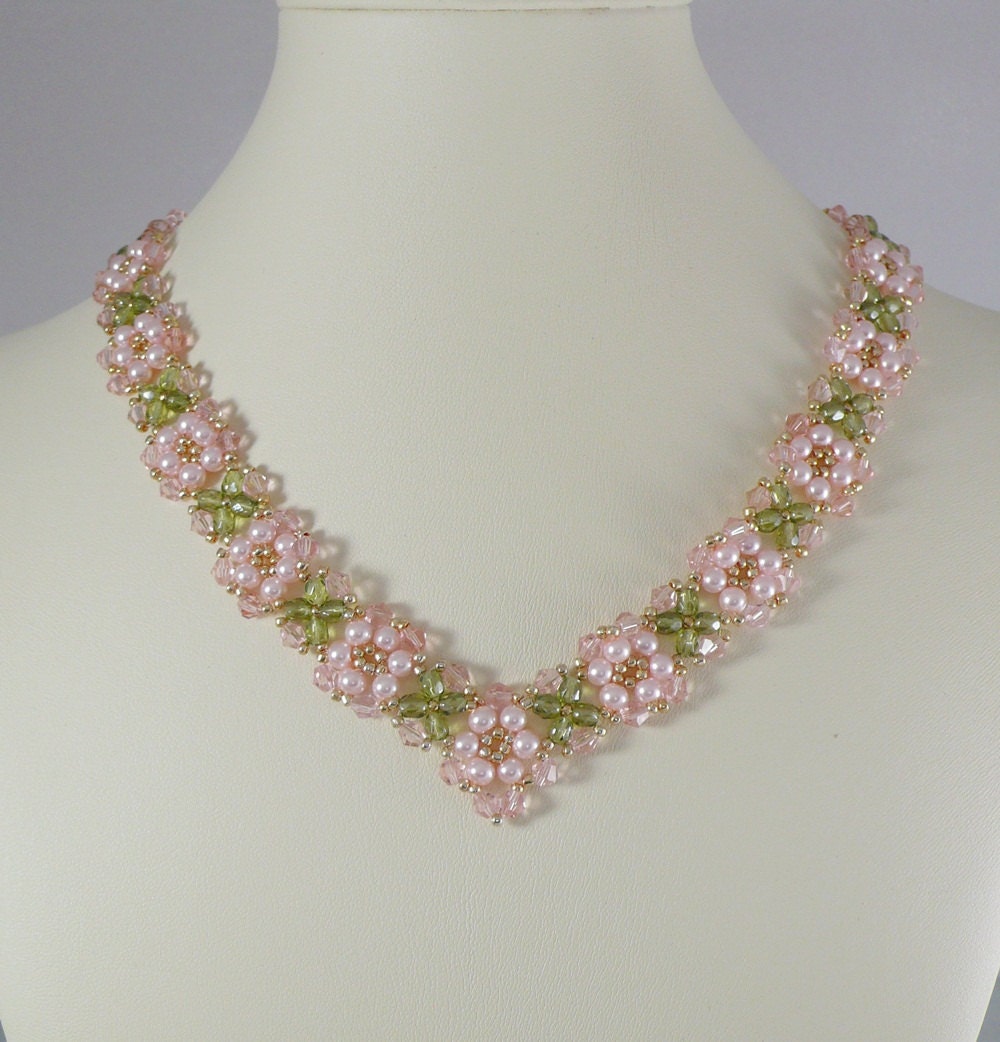Woven Necklace Pearl and Rosaline Swarovski Crystal