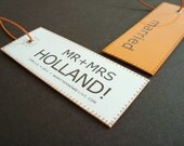 Personalized wedding gift for The Sophisticated Couple. 2 JUST MARRIED luggage tags. White Black Orange Tangerine