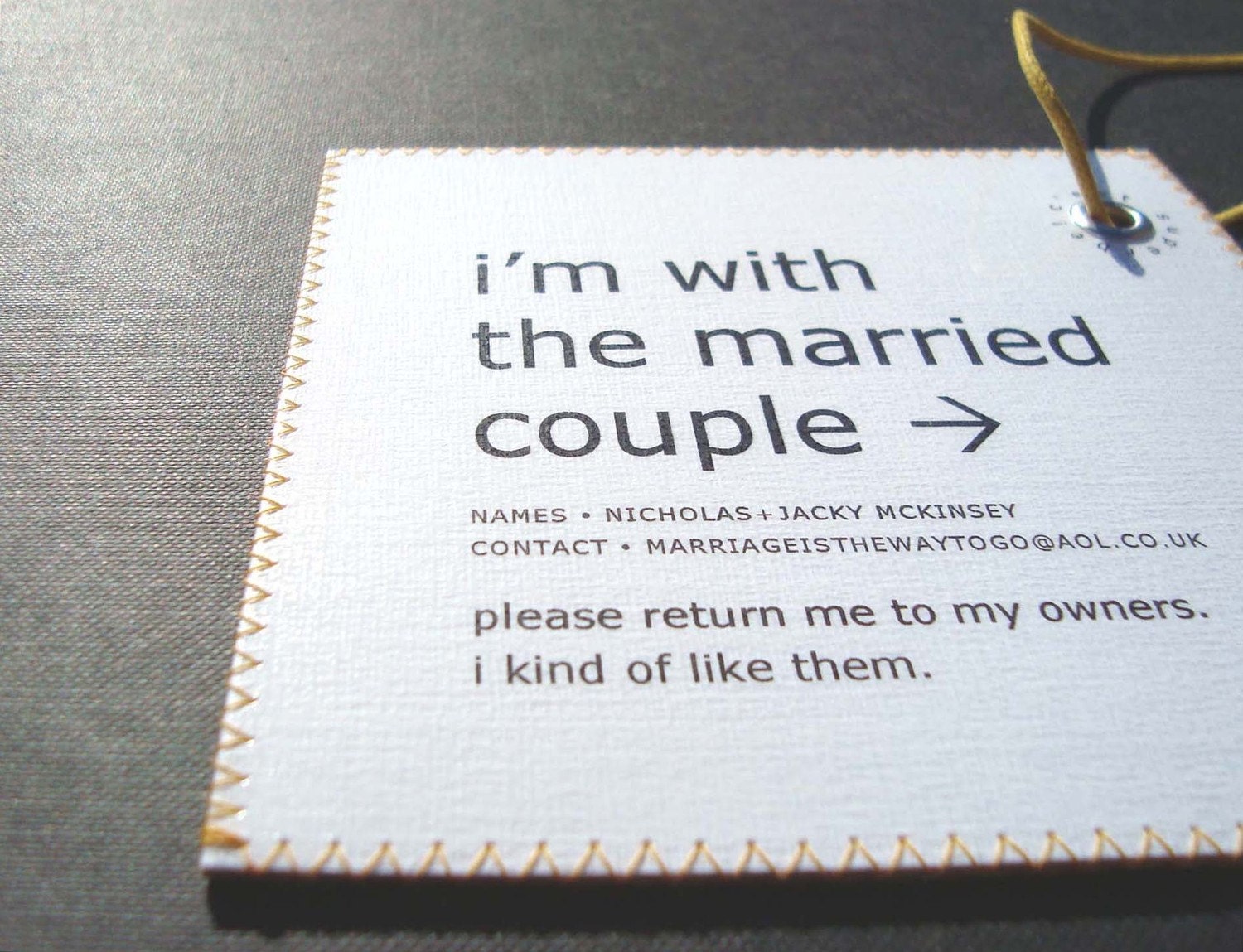 Great Unexpected Wedding Gift - Wedding Luggage Tag that's traveling with The Married Couple.