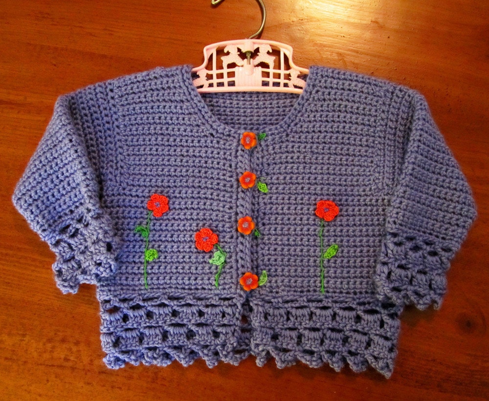 Crocheted Lilac Cardigan w/ Embroidered Flowers - Size 12 - 18 Months