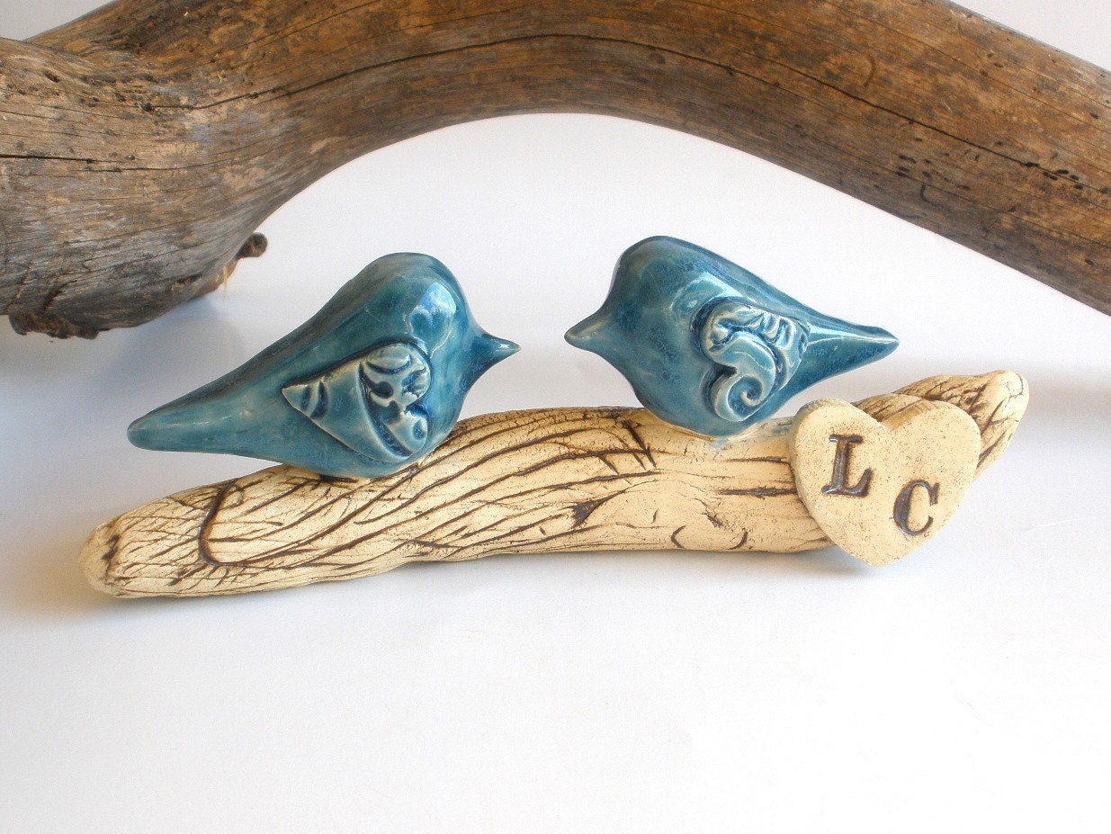 Wedding cake topper A custom pair of love birds on a branch  with your initials