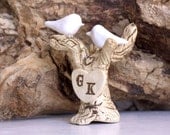 Ceramic Wedding Cake Topper - Love Birds on Tree with Initials