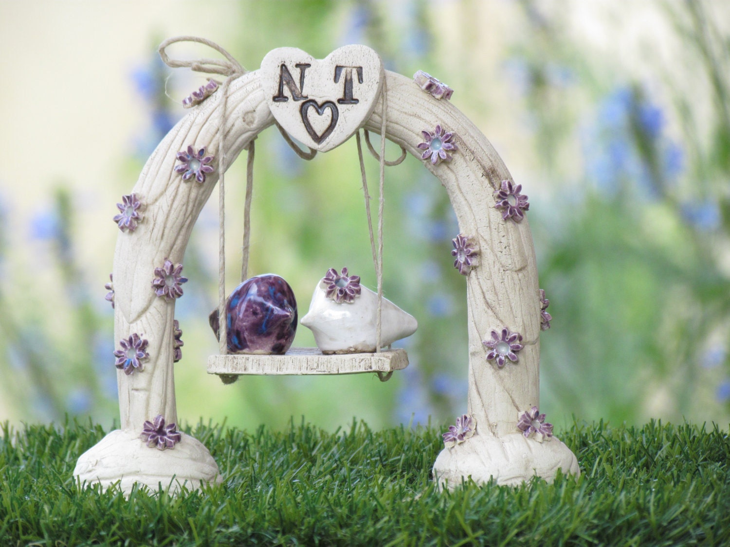Customized  swing wedding cake topper A pair of ceramic love birds swings under their love tree arch or rustic horse shoe  Love