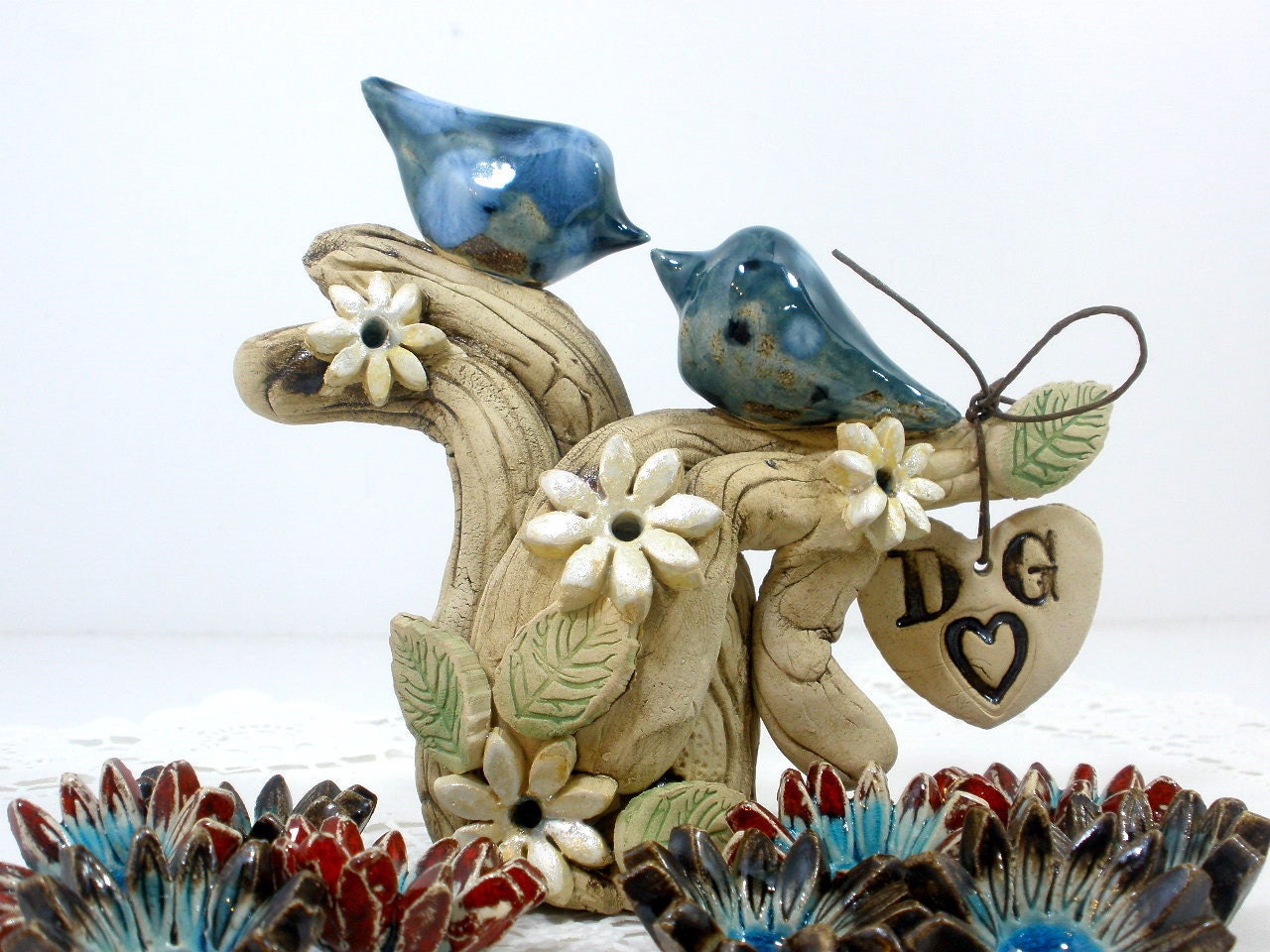 Wedding cake topper Ceramic pair of love birds on a sculptured tree of love Initials wedding cake topper Bride and groom