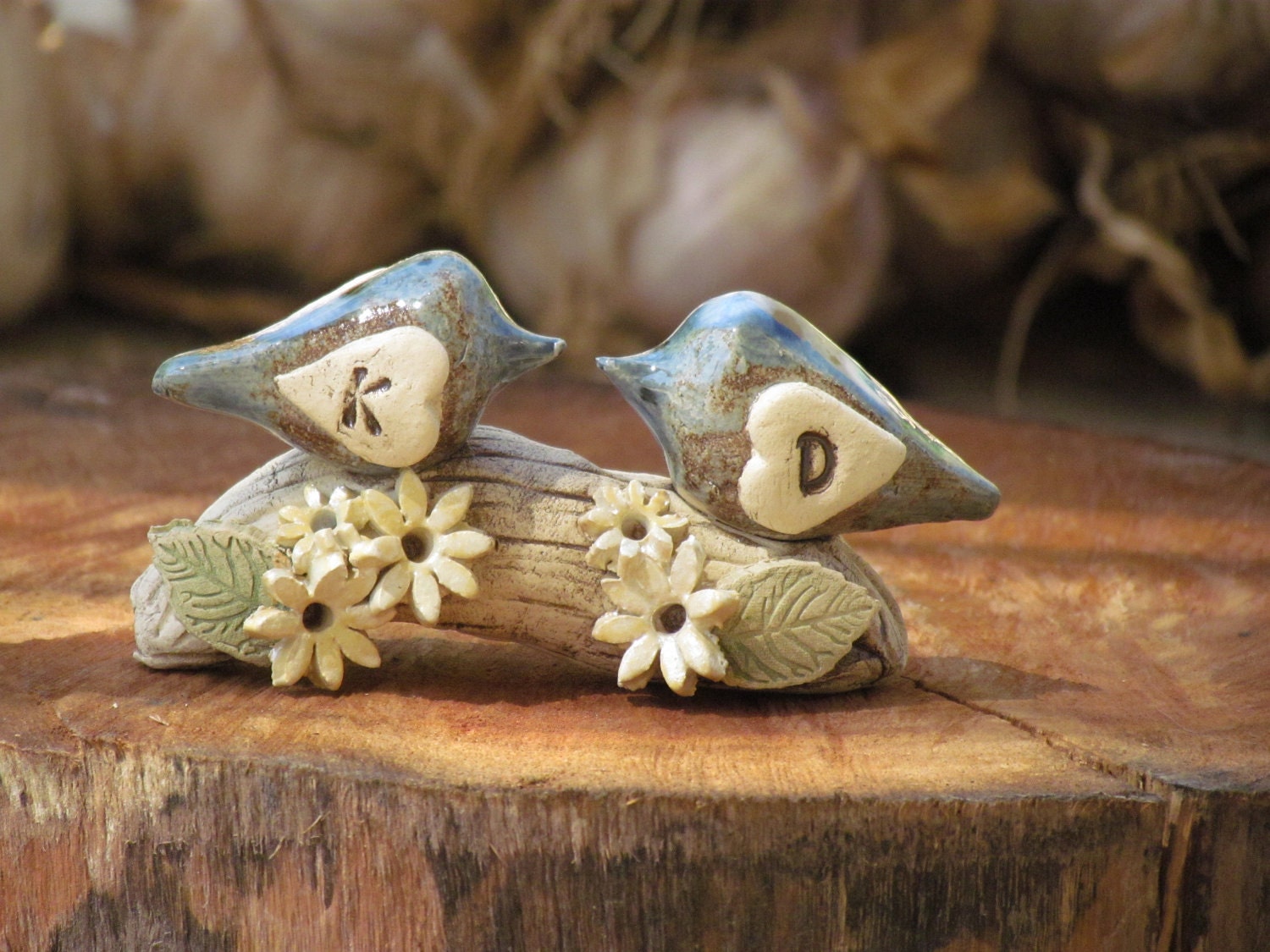 Personalized Love birds wedding cake topper Initials birds on a branch