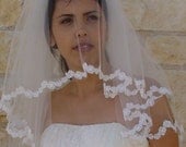 Wedding Bridal  Lace Veil,  Beaded Flower lace  Edge,  Elbow Size,  Ivory or White
