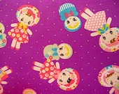 Japanese Cotton Print Fabric - Kokka, Showa Retro Bunka Doll Design - Purple - Half Yard - Kawaii Koboshi Dolls, Dots - NT9